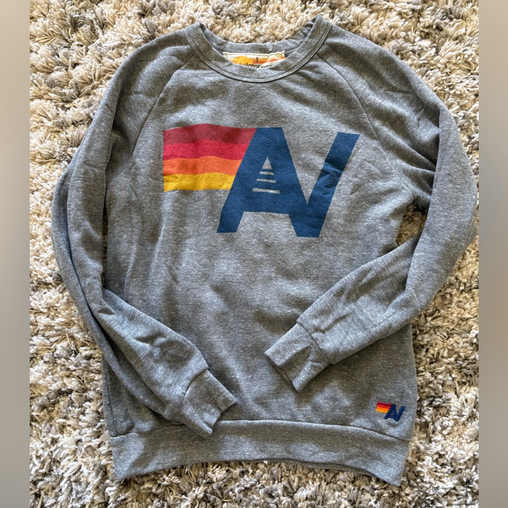 Aviator Nation Grey Crewneck with Red, Blue & Yellow Stripe 'A' Graphic